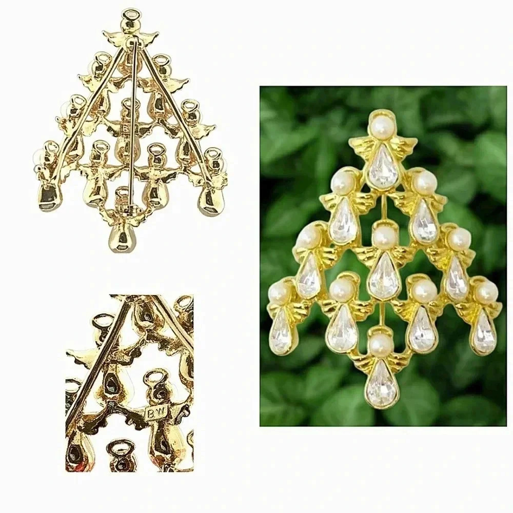 Vintage Angel Christmas Tree Crystal Pearl Gold Brooch Signed BW Butler Wilson